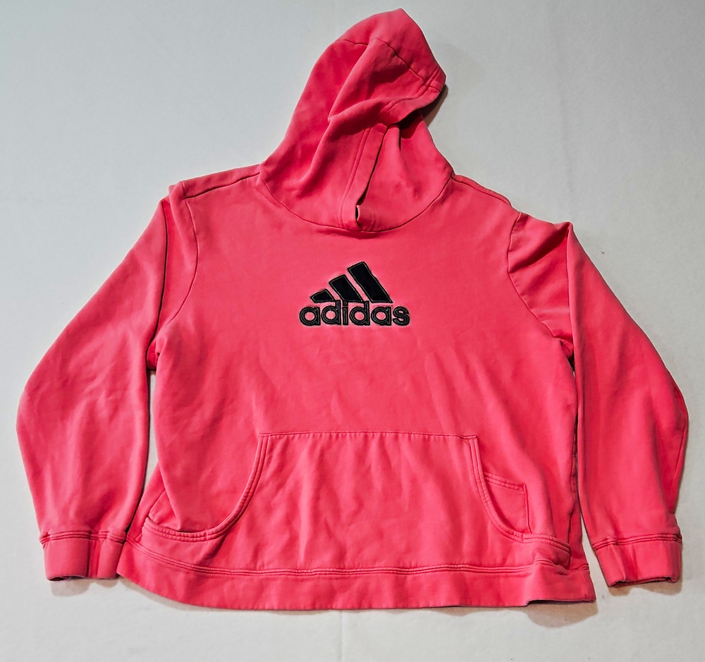 Adidas Pink Pullover Hoodie Logo Hooded Pockets Fleece Cotton Blend Womens XL